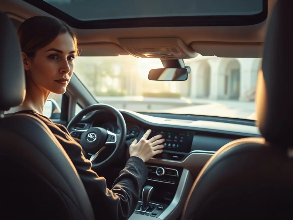 Nowoczesne wnętrze VW T-Roc z cyfrowym kokpitem i ekranem dotykowym obsługiwanym przez kobietę w słonecznej kabinie.
