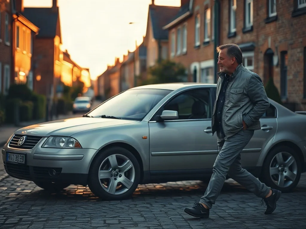 Mężczyzna opierający się o srebrnego Volkswagena Passata B5 na tle podmiejskiej ulicy w świetle zachodzącego słońca.