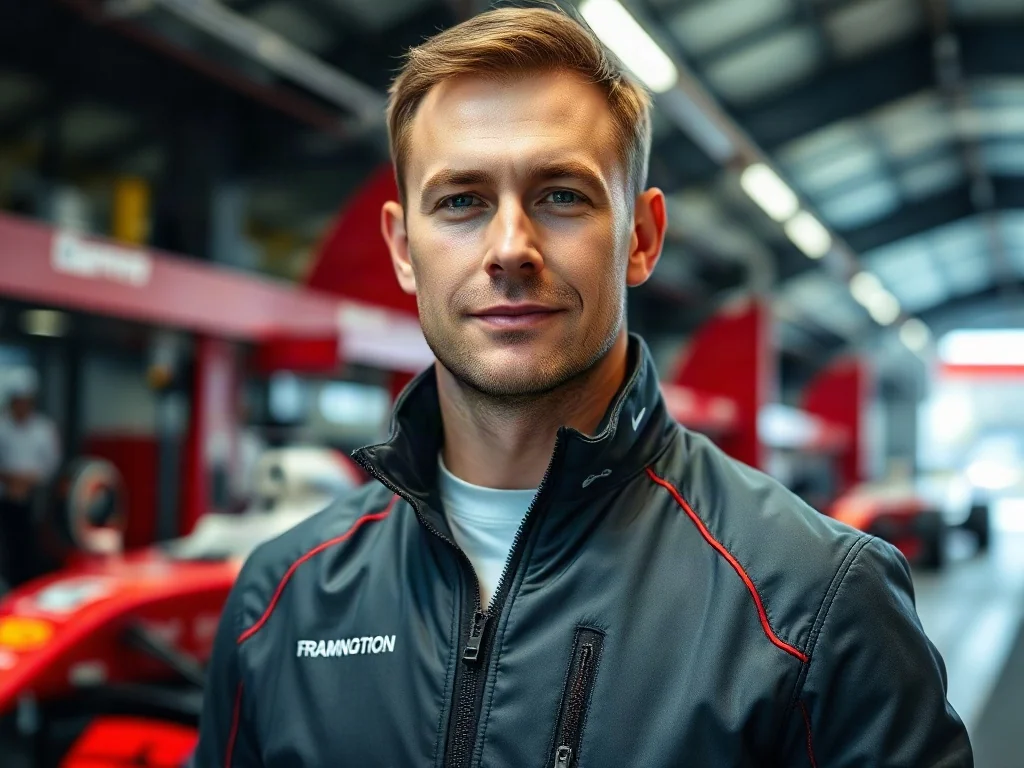 Charles Leclerc w profesjonalnym stroju wyścigowym na tle alei serwisowej Formuły 1.