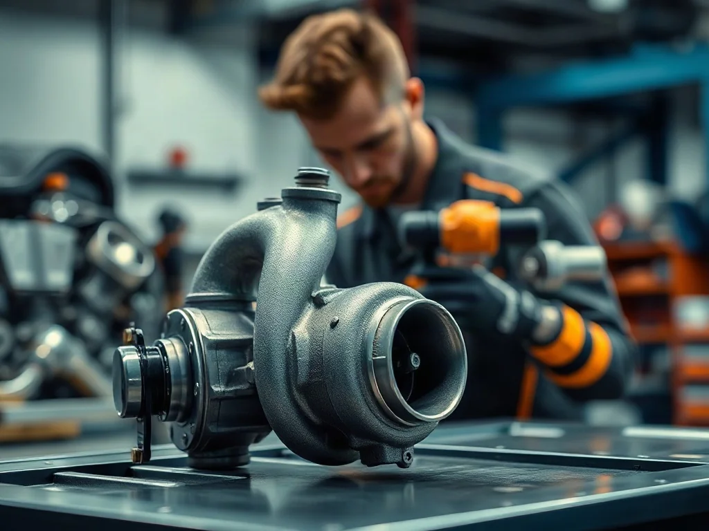 Nowoczesna turbosprężarka na warsztatowym stole, w tle mechanik sprawdzający podzespoły silnika.