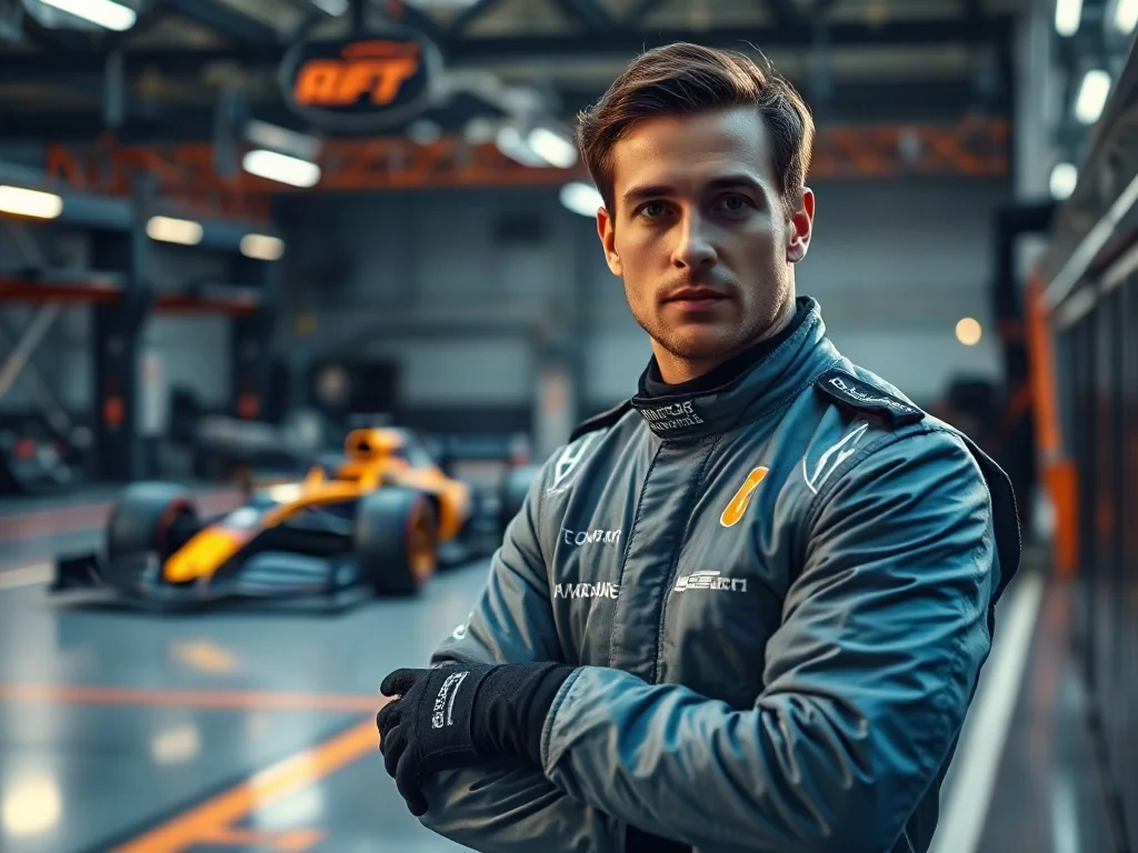 Lando Norris w profesjonalnym kombinezonie wyścigowym przygotowuje się do startu w garażu zespołu Formuły 1.