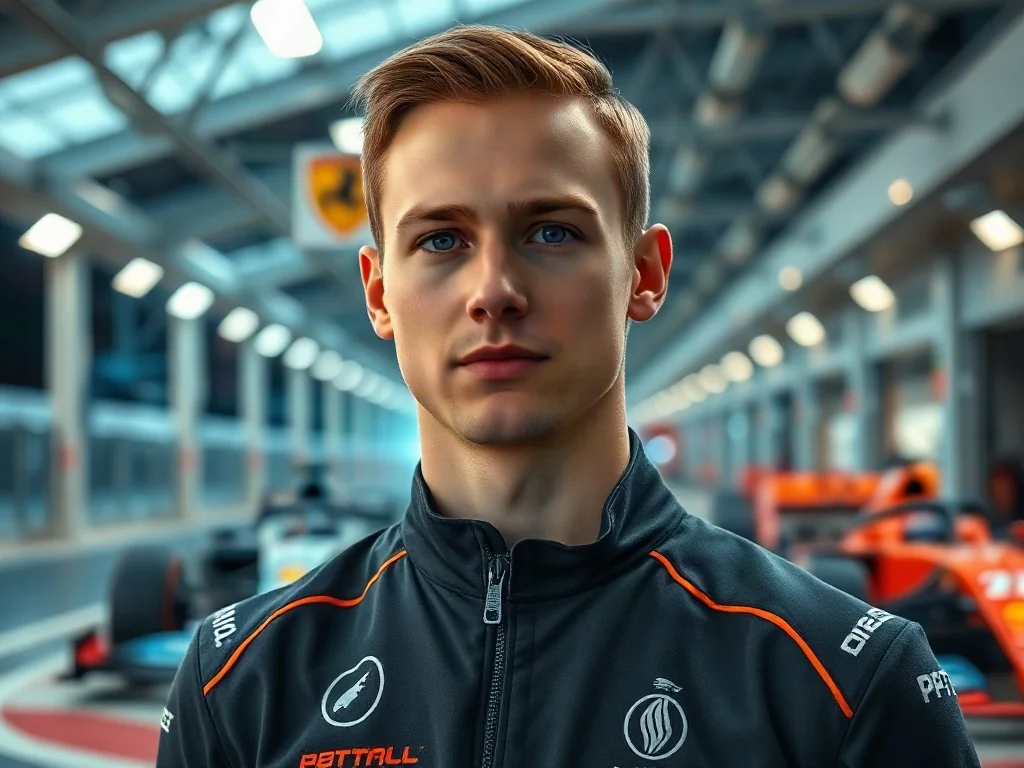 Oscar Piastri w profesjonalnym stroju wyścigowym na tle garażu Formuły 1.