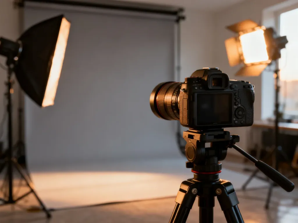 Profesjonalny aparat na statywie w studiu fotograficznym, gotowy do wykonania zdjęcia do prawa jazdy na neutralnym tle.