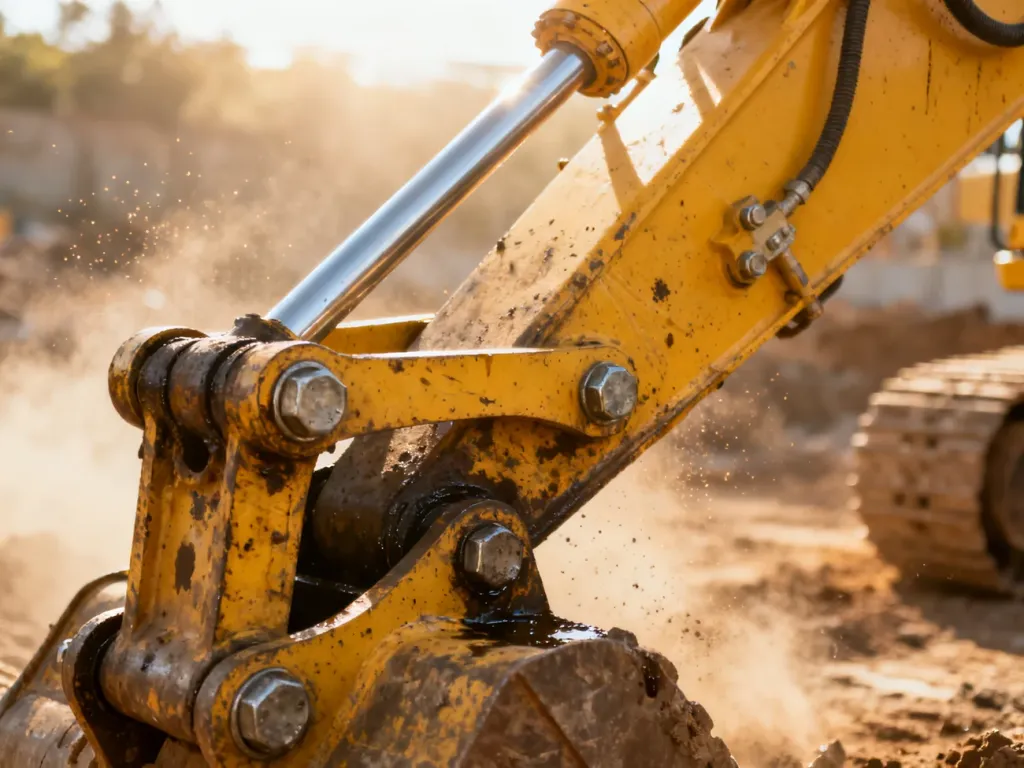 Zbliżenie na ramię hydrauliczne koparki z widocznymi śladami eksploatacji, podkreślające znaczenie regularnego serwisowania.