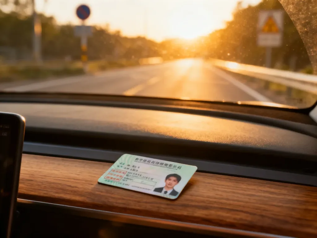Prawo jazdy leżące na desce rozdzielczej samochodu z widokiem na słoneczną drogę w tle.
