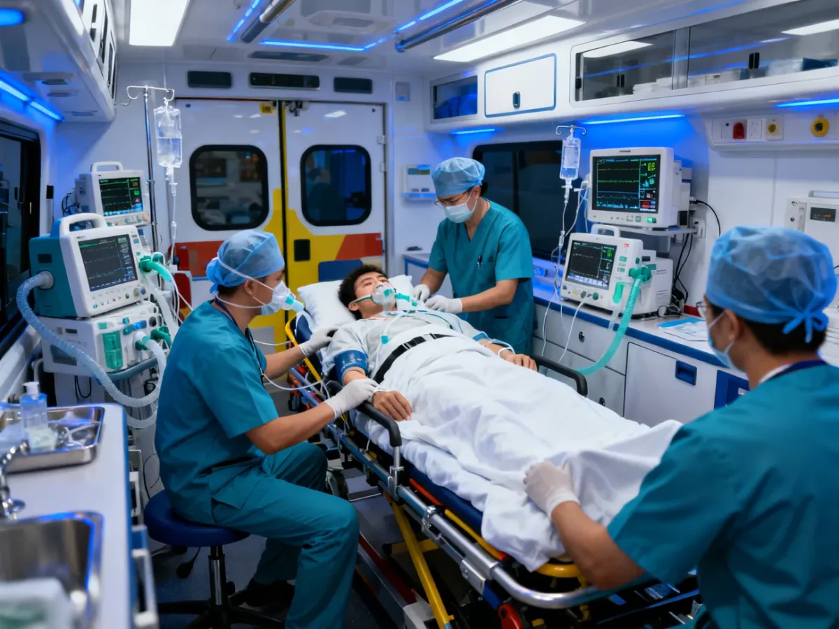 Wnętrze ambulansu typu C z wyposażeniem intensywnej terapii
