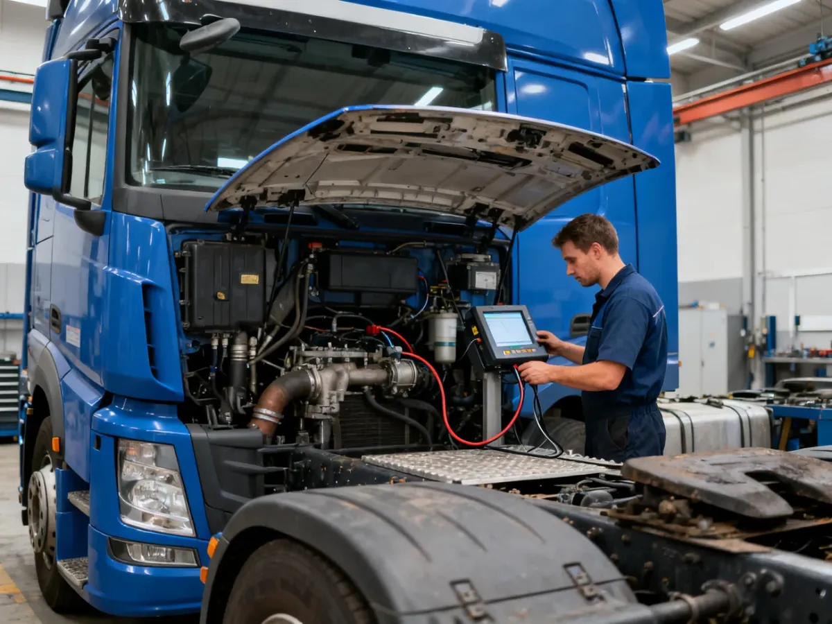 Mechanik sprawdzający używany ciągnik siodłowy w warsztacie