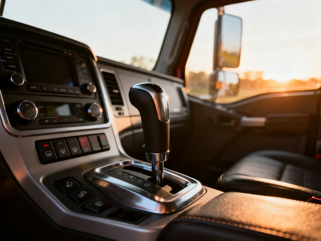 Zbliżenie na nowoczesny panel zmiany biegów w ciągniku siodłowym z widocznymi przyciskami automatycznej skrzyni biegów.