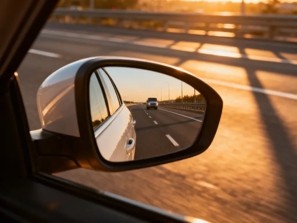 Lusterko boczne samochodu z widocznym odbiciem autostrady o zachodzie słońca, ilustrujące kwestię martwych pól.