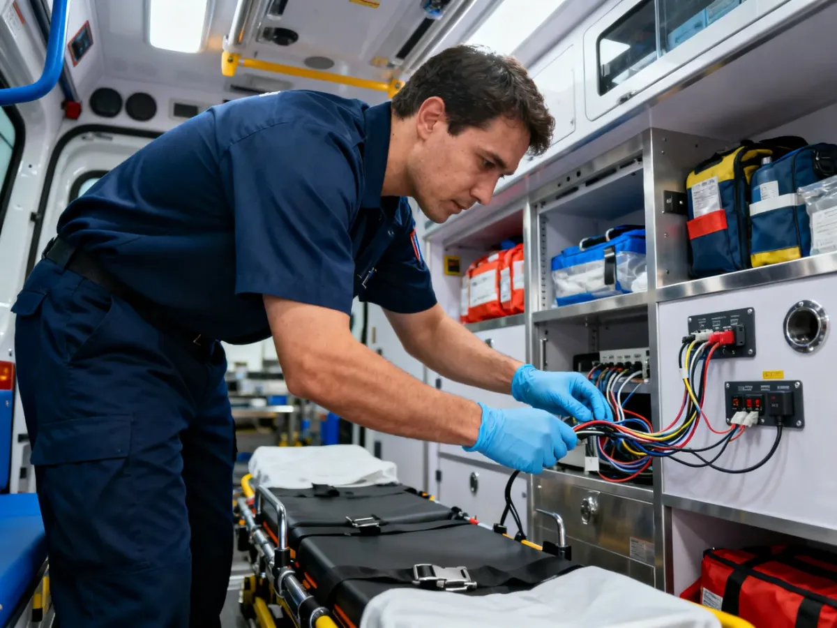 Technik sprawdzający instalacje i zabudowę ambulansu