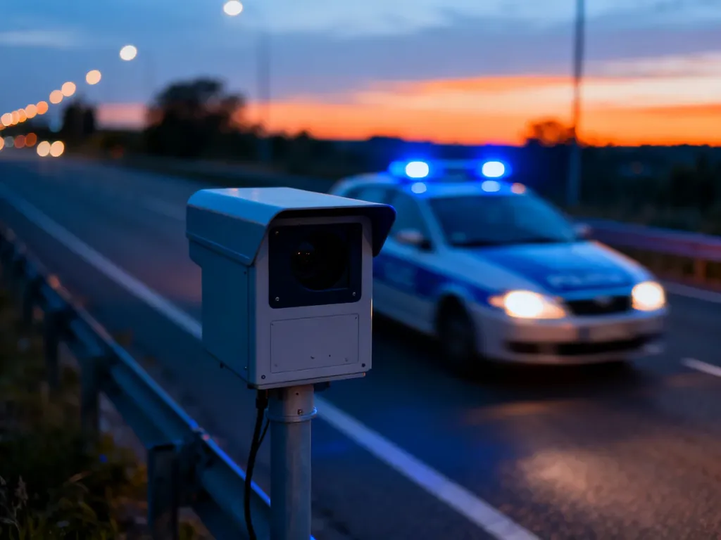 Fotoradar przy drodze o zmroku, w tle zamazany radiowóz z włączonymi niebieskimi światłami.