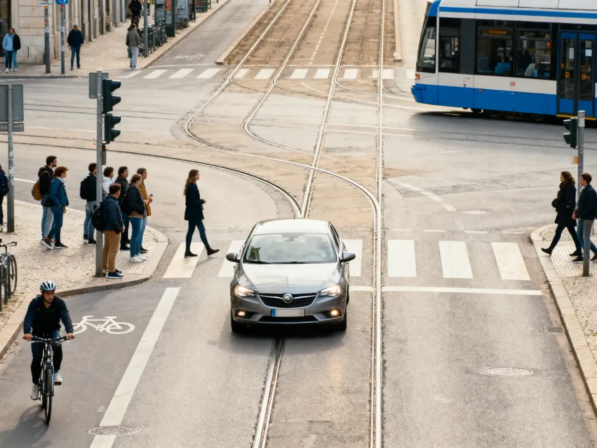 Uważna jazda samochodem w miejskim ruchu z pieszymi, rowerzystą i tramwajem