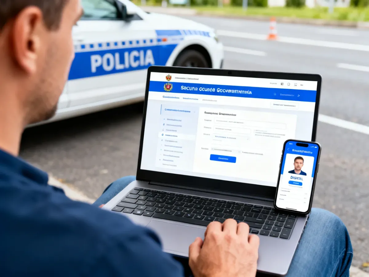 Kierowca sprawdzający online liczbę punktów karnych na laptopie i smartfonie