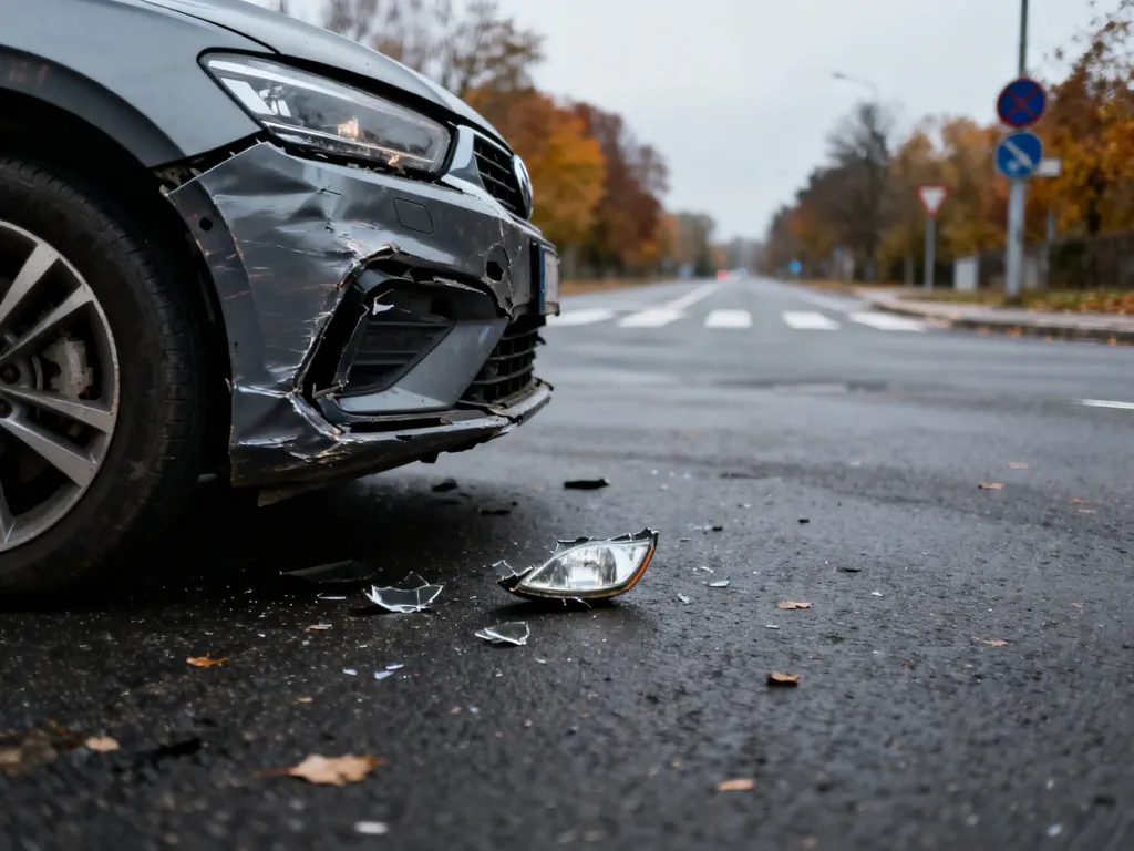 Uszkodzony zderzak i odłamki reflektora na asfalcie po kolizji drogowej w pochmurny dzień.