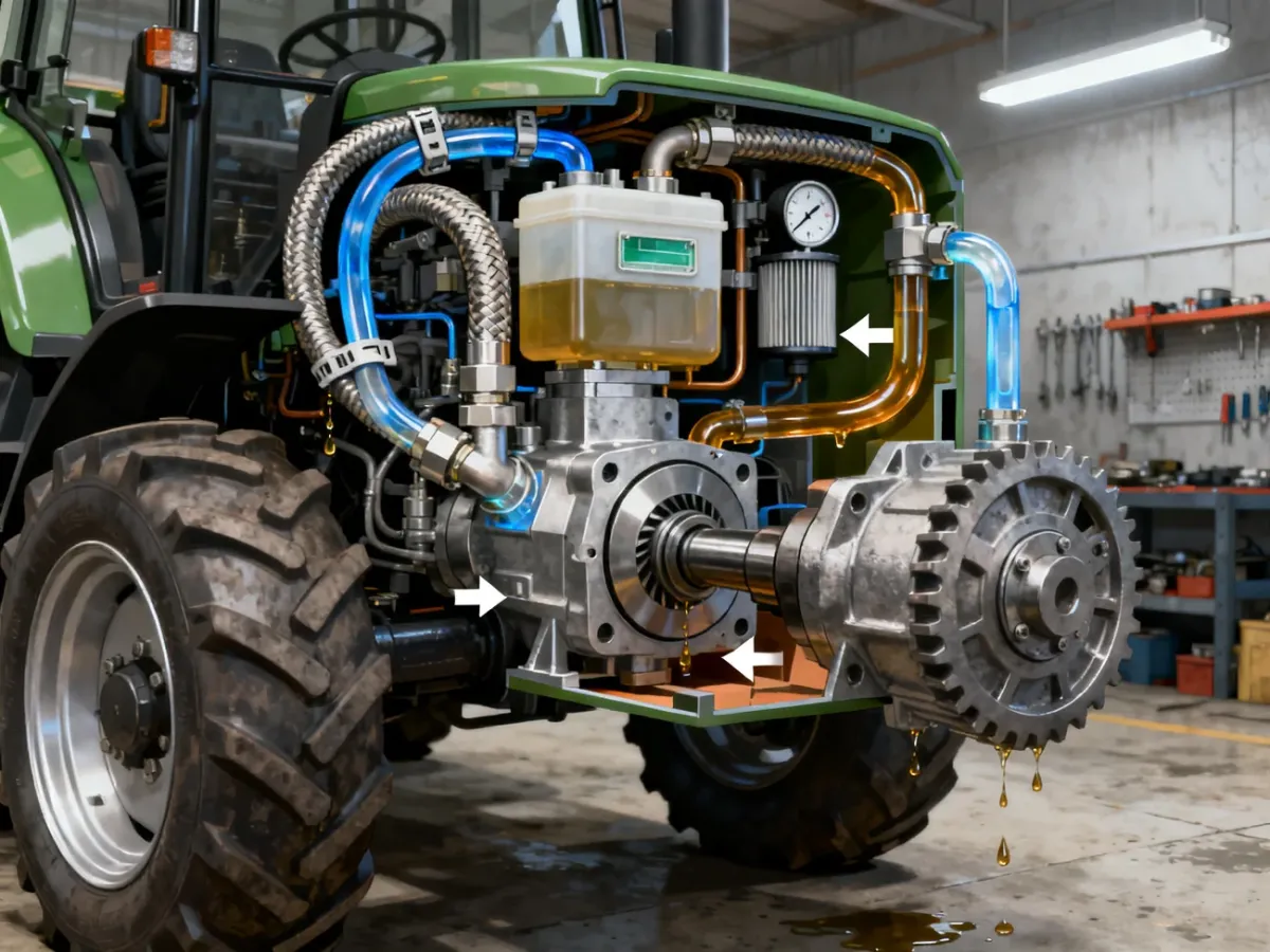 Przekrój napędu hydrostatycznego w kompaktowym ciągniku z pompą hydrauliczną, silnikiem i przewodami
