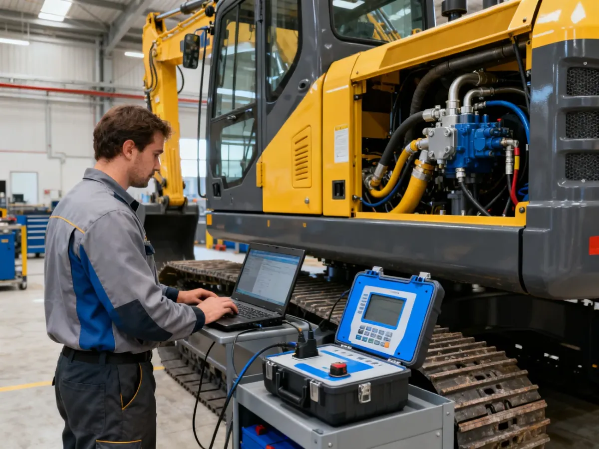Technik przeprowadzający diagnostykę koparki w profesjonalnym serwisie