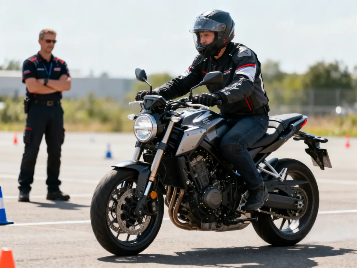 Kursant kategorii A2 podczas szkolenia na średniej wielkości motocyklu