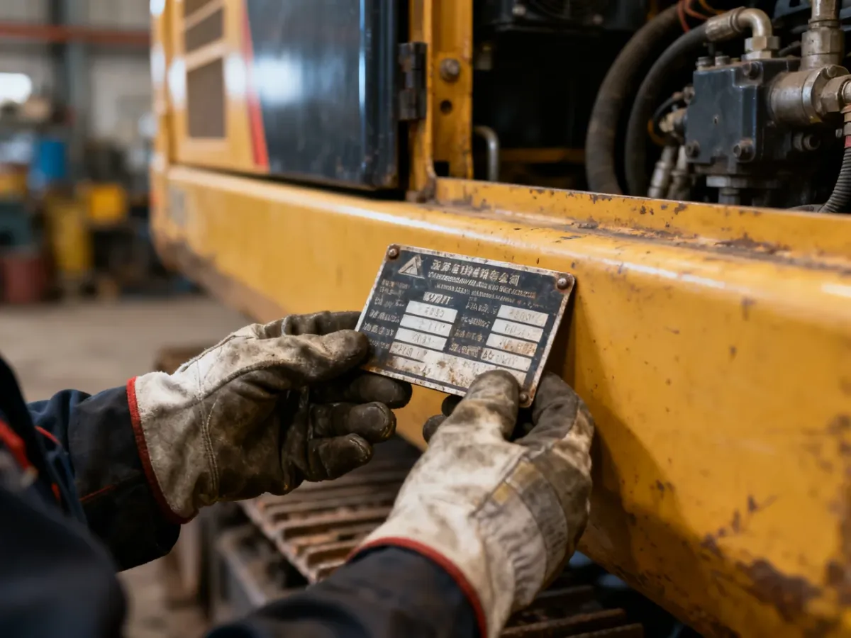 Mechanik sprawdza tabliczkę znamionową na koparce