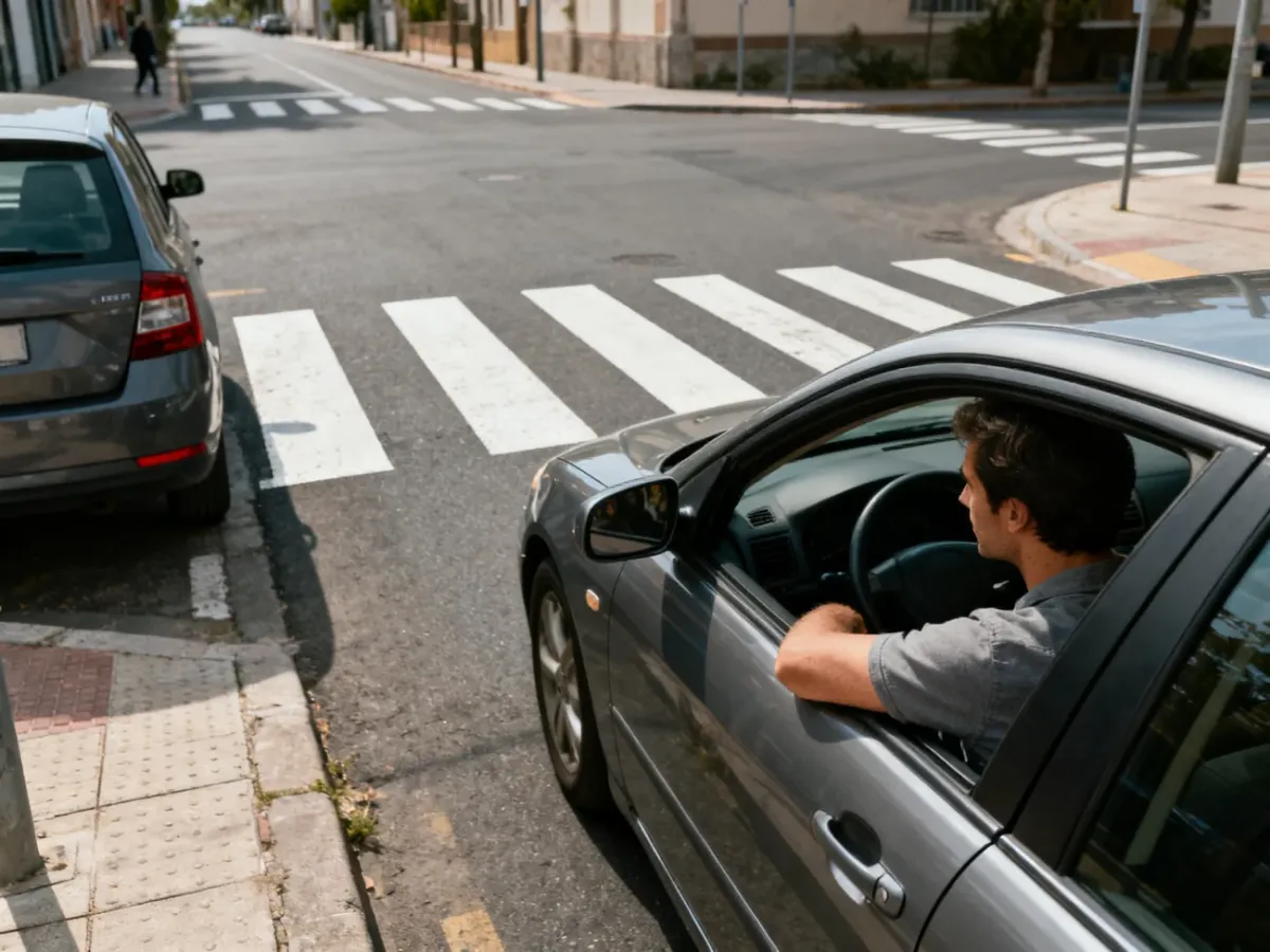 Samochód zwalniający przed przejściem dla pieszych zasłoniętym przez zaparkowane auto