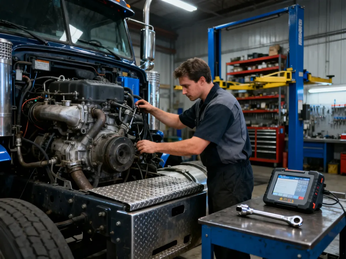 Mechanik sprawdzający silnik używanego ciągnika siodłowego