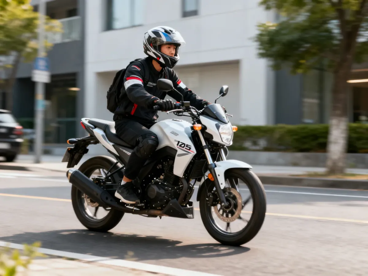 Młody motocyklista na lekkim motocyklu 125 cm³ podczas jazdy po mieście