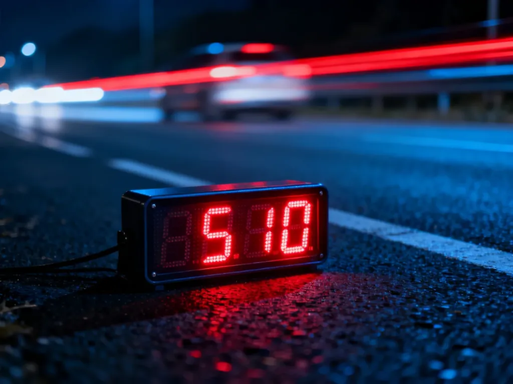 Podświetlony znak ograniczenia prędkości na drodze nocą, symbolizujący zasady ruchu drogowego i bezpieczeństwo na trasie.